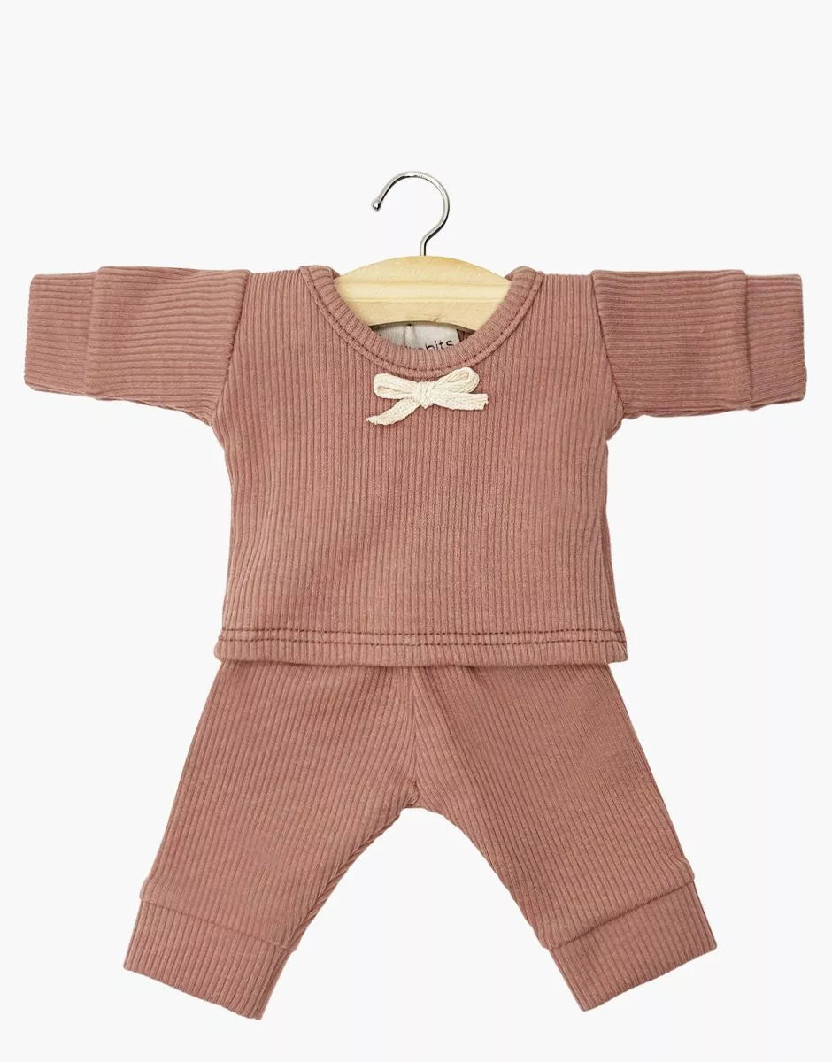 MINIKANE Pijama de punto acanalado de manga larga para niña Morgan, color rosa arcilla con un pequeño lazo