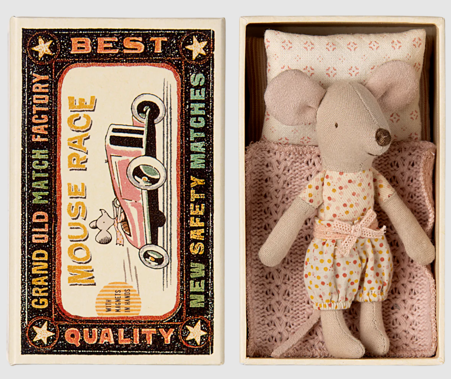 Ratón hermana menor en caja de cerillas